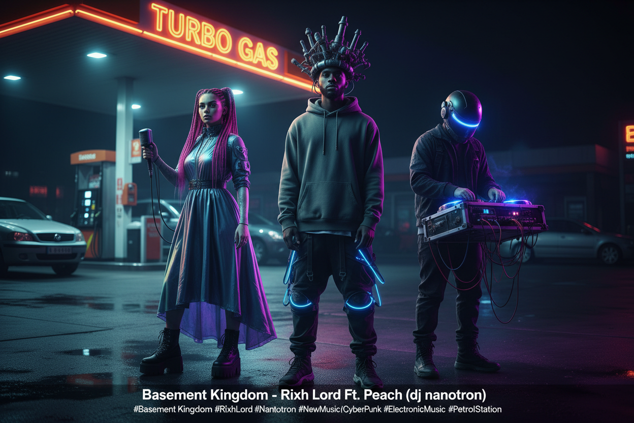 Three futuristic musicians stand in front of a neon-lit gas station at night.